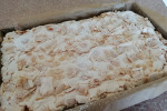Kruche ciasto na mąkach mieszanych ze śliwkami , kremem budyniowym i bezą osypaną płatkami migdałowymi