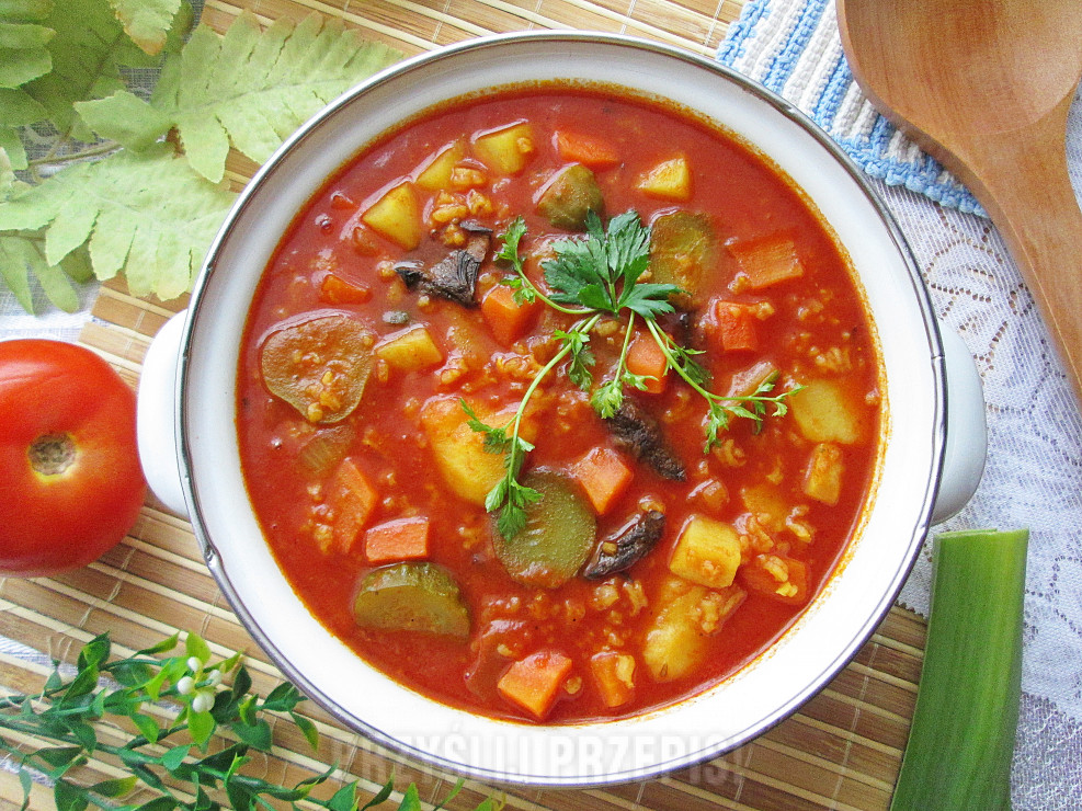 Zupa pomidorowa z korniszonem i suszonymi grzybami